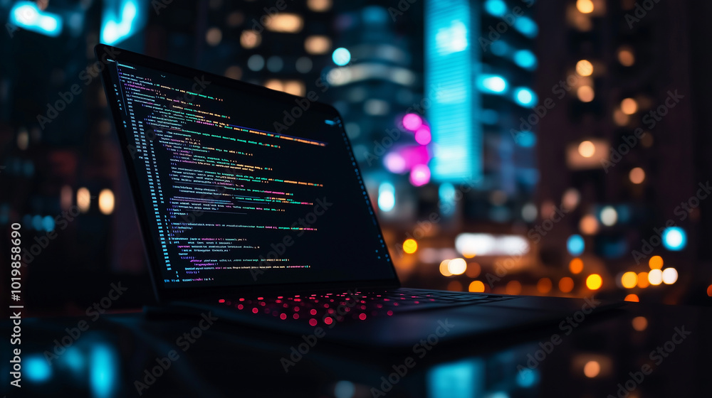 Poster laptop keyboard glowing with colorful code and vibrant bokeh in the background.