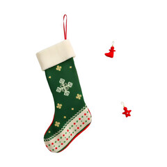 Isolated Christmas Green Stocking with Snowflakes Illustration on Transparent Background for Holiday Designs