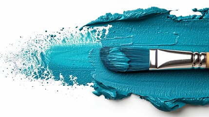 A Teal Paint Stroke With a Brush on a White Background