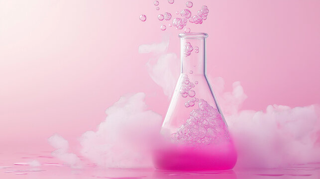 Pink smoke rising from a bubbling beaker in a laboratory setting.