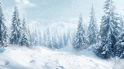 Fototapeta premium Snowfall in a winter forest: beautiful landscape with snow-covered fir trees and snowdrifts, perfect for merry christmas and happy new year greetings, winter fairytale with copy-space