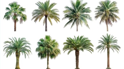 Set of various palm trees on white background