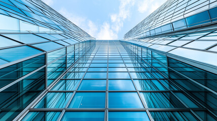 Obraz premium Looking up at modern glass skyscrapers reflecting the blue sky and clouds.
