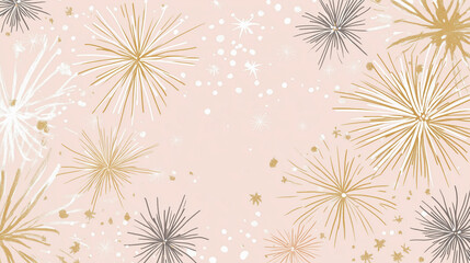 Trendy New Year's card featuring a pastel background adorned with sparkly fireworks and golden accents for a festive celebration