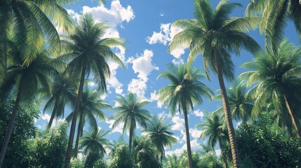 Fototapeta premium Low angle view of coconut palm trees on blue sky background