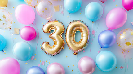 Colorful balloons with large golden number "30" as a party decoration.