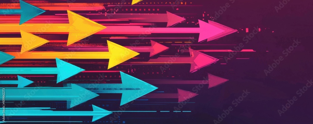 Poster colorful arrows moving diagonally, creating a dynamic, modern design that suggests speed and directi
