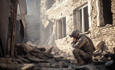 Soldier kneeling in a dusty, abandoned building with sunlight streaming through a broken window.