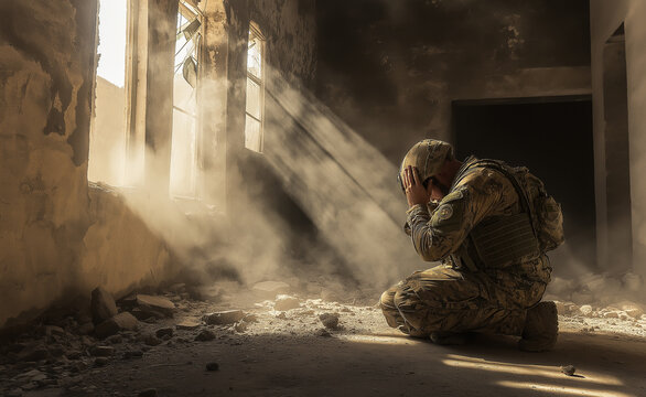 Soldier kneeling in a dusty, abandoned building with sunlight streaming through a broken window.