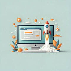 A computer screen displays a rocket ship soaring out into the sky, symbolizing innovation and exploration.  
