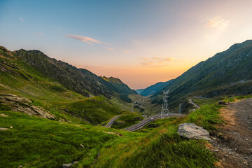 Fagaras mountains with Transfagarasan serpentine road in Sibiu County, Romania. Tansfaragasan road in the carpathian mountains. Top view