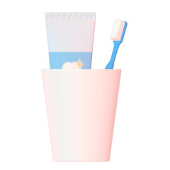 歯ブラシと歯磨き粉が入った白いコップの3Dイラスト
