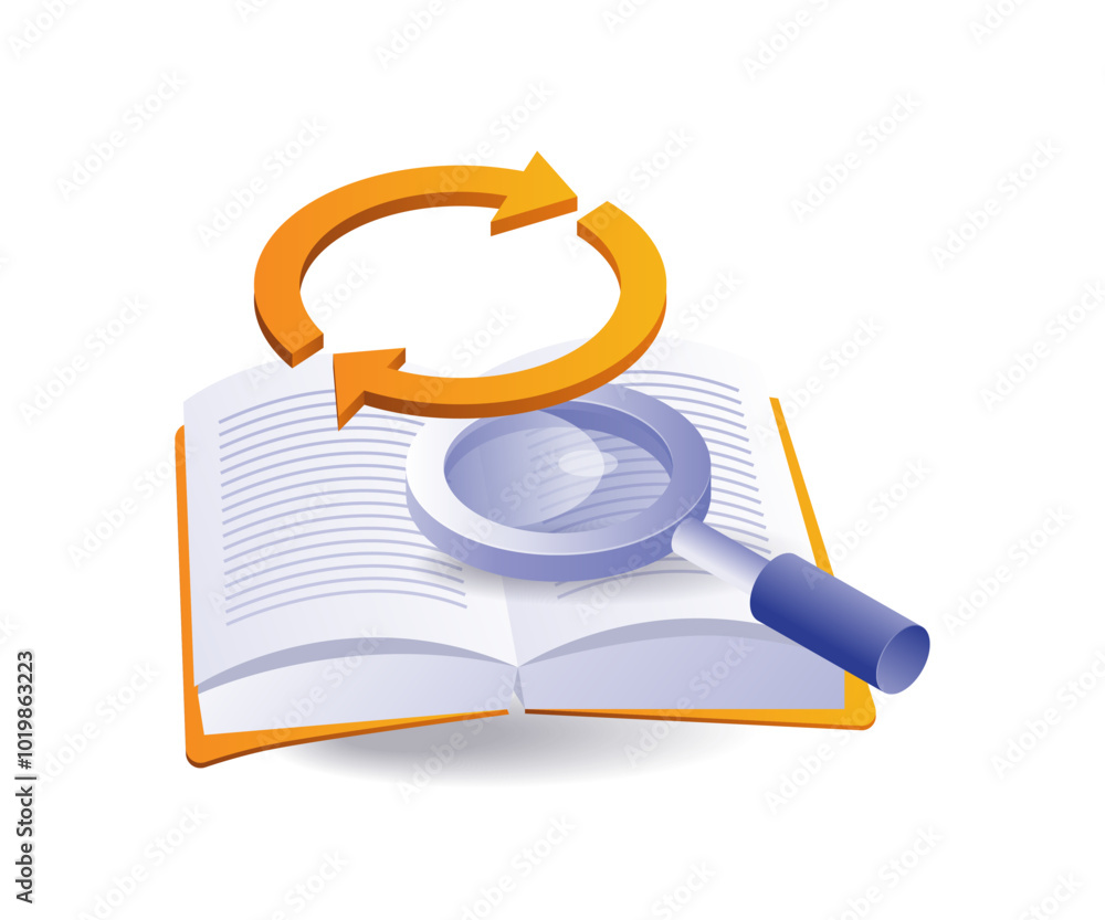 Poster circle of arrows rotating over an open book