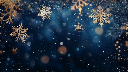 Festive navy blue christmas background with snowflakes and gold sequins for holiday designs