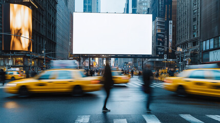 Yellow taxis speeding through a busy city intersection with large blank billboards.