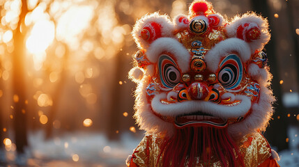 Chinese lion costume in motion, embodying strength and good fortune against a blurred festival background, symbolizing joy and cultural celebration during the Lunar New Year