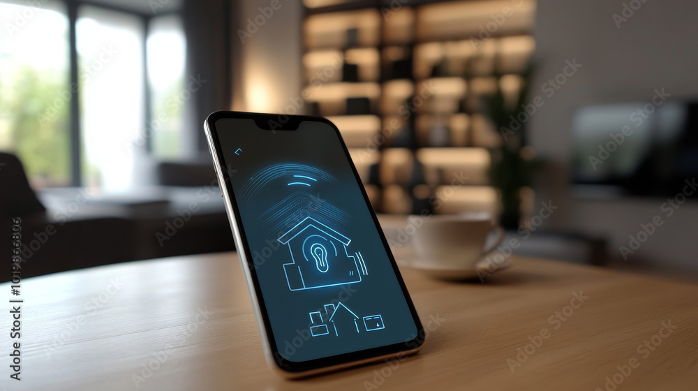 Poster a smartphone shows a smart home system on its screen. this illustration represents how you can contr