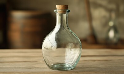 Empty glass bottle with cork stopper on wooden table.