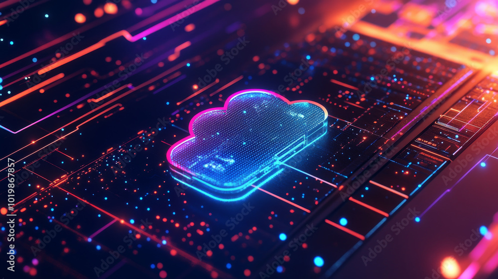Poster a laptop with a cloud symbol shows data being uploaded and downloaded. this represents a company's c