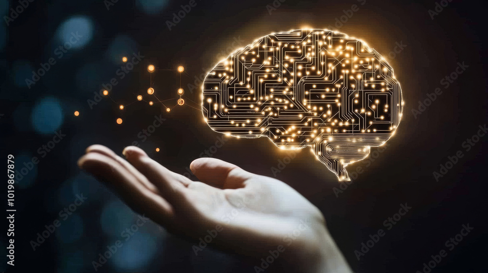 Poster a glowing circuit board, shaped like a brain, with ai symbols hovering above a hand. this represents