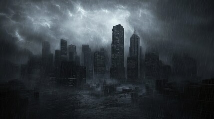 Fototapeta premium A city skyline shrouded in heavy rain and dark clouds as a hurricane approaches, creating an eerie atmosphere.