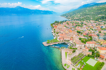 Aerial  view of the Castello Scaligero, Lake Garda, Italy. Lago di garda