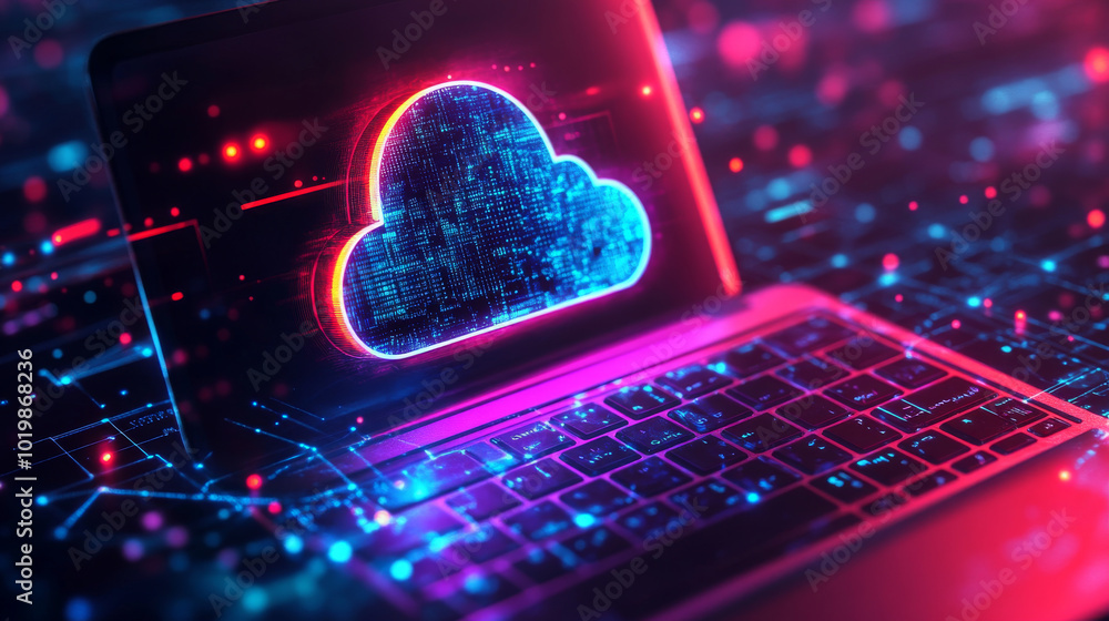 Poster a laptop with a cloud symbol shows data being uploaded and downloaded. this represents a company's c