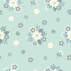 Hand drawn seamless pattern with white chamomile flowers in gray swamp shades. Lovely romantic Ditsy Fashion Print for background, holiday design, wallpaper, fabric