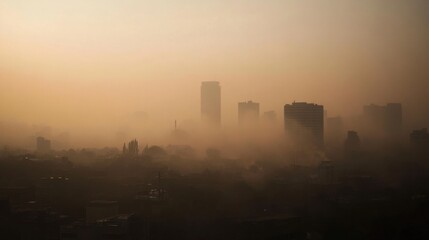 A city skyline shrouded in thick smog, the air visibly polluted from heavy emissions.