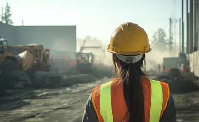 Female engineer overseeing a large construction site with cranes and heavy machinery.
