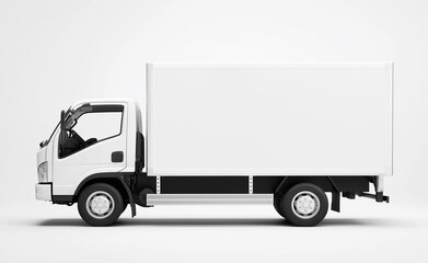 Minimalist white delivery truck parked on a blank background.