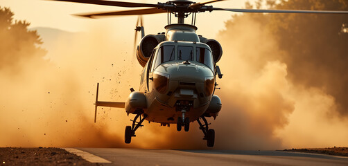 Helicopter Landing in Dusty Terrain: Military Operation
