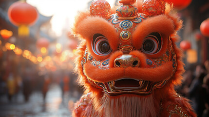 Chinese lion costume in motion, embodying strength and good fortune against a blurred festival background, symbolizing joy and cultural celebration during the Lunar New Year