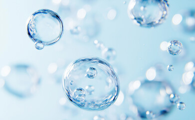 Close-up of water droplets suspended in clear blue liquid.