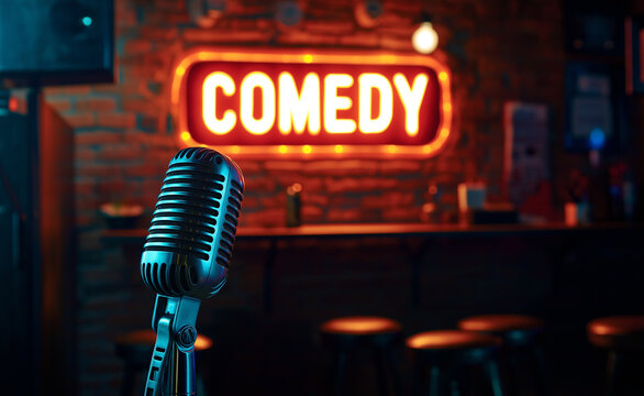Microphone on stage with a neon comedy sign in the background.