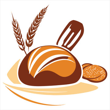 simple logo of a bread with ears of corn next to it and a bakery bolillo tool classic style, on a white backgound.
