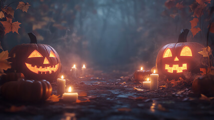 Jack-o'-lanterns glowing in a dark forest path with candles on a Halloween night.