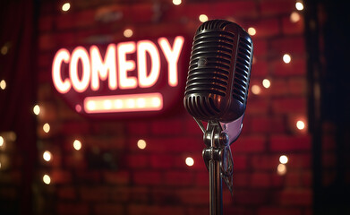 Microphone on stage with a neon comedy sign in the background.