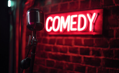 Microphone on stage with a neon comedy sign in the background.
