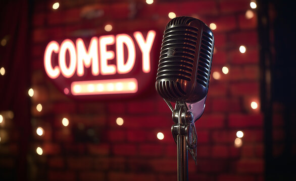 Microphone on stage with a neon comedy sign in the background.