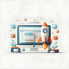 A computer screen displays a rocket ship soaring out into the sky, symbolizing innovation and exploration.  