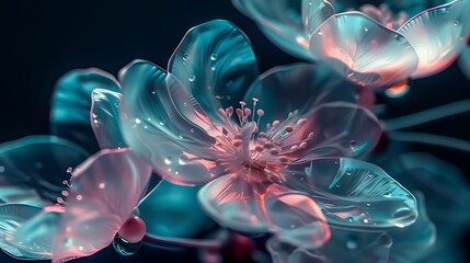 Obraz premium A futuristic image of transparent virtual plastic flowers with delicate petals, glowing softly in shades of blue and pink, set against a dark background. 8k UHD, suitable for high-quality printing 