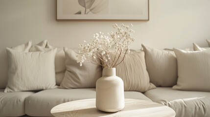 Minimalist Living Room Interior Design with a Vase of White Flowers