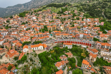 Aerial view of the town Arachova, Greece, near Parnassus mountain and Temple of Delphi.