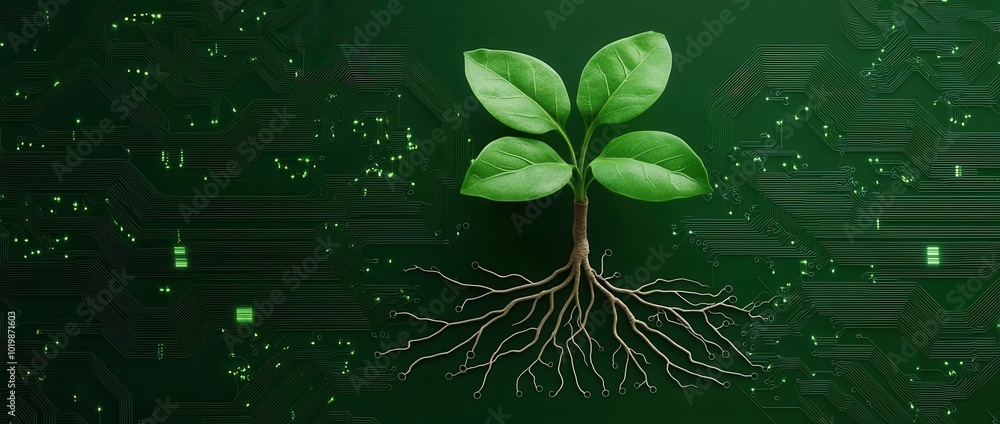 Poster plant roots intertwining with circuit paths, showing the interconnection between nature and digital 