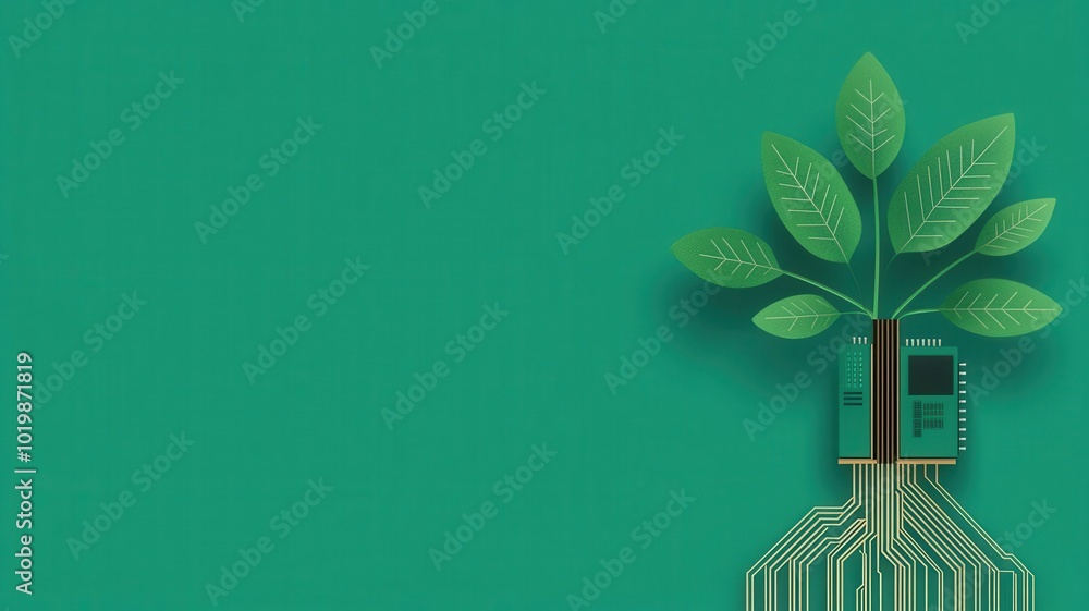 Aufkleber digital tree with circuit board roots extending into the ground, symbolizing sustainable technology,