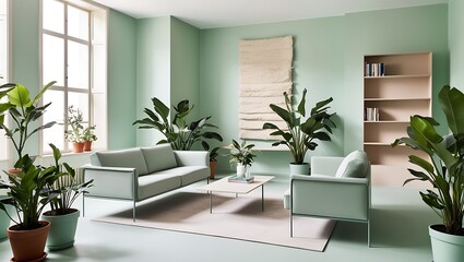 Fototapeta premium modern living room interior background. pillows, green plaid, lamp and fiddle leaf tree