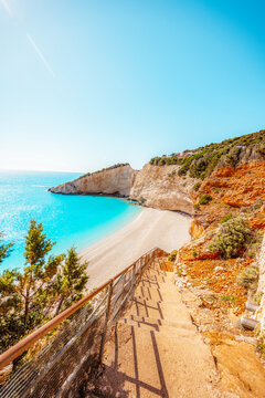 Beach of Port Katsiki with turquoise shining ocean on the island of Lefkada, Ionian Sea, Greece
