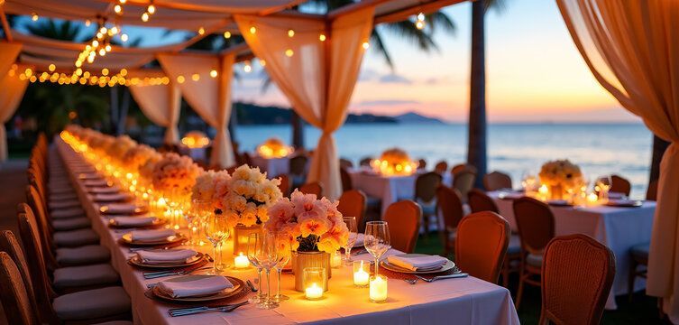 Beach Wedding Reception: Long Table and Sunset Views