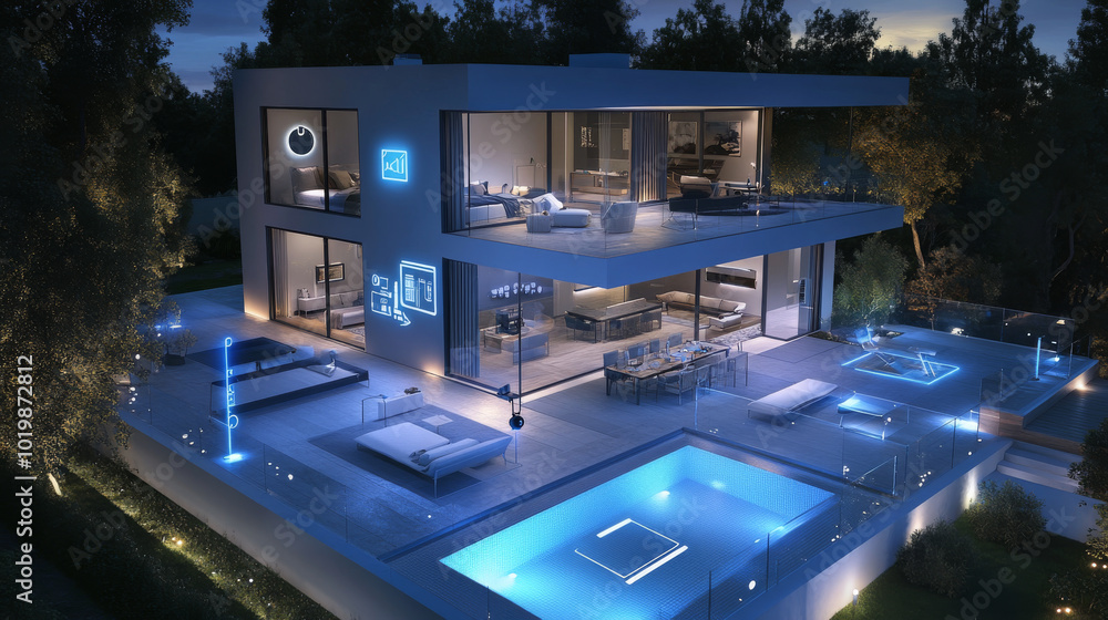 Poster smart homes use 3d models and connected devices to control safety and automation. this technology le